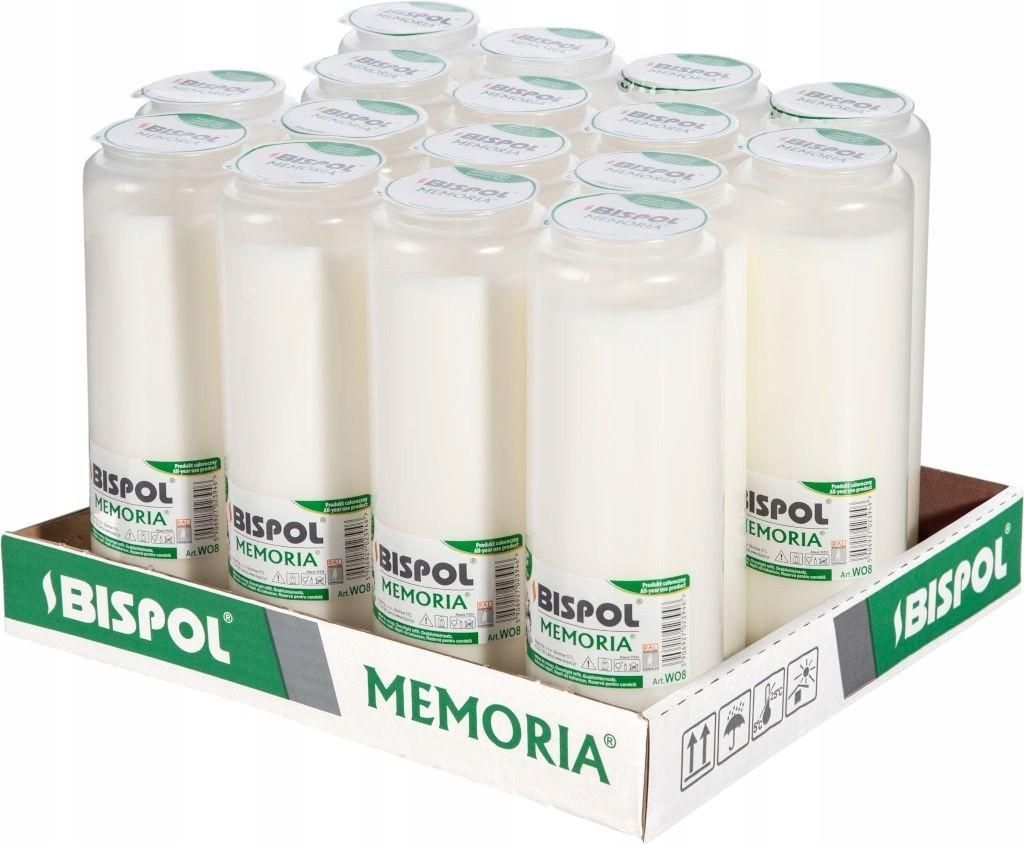 A display tray of white memorial candles.