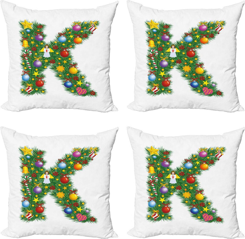 ABAKUHAUS Buchstabe K Kissenbezug Set (4 Stück), Baum Font Weihnachten, Moderner Doppelseitiger Digitaldruck, 40 cm x 40 cm, Mehrfarbig