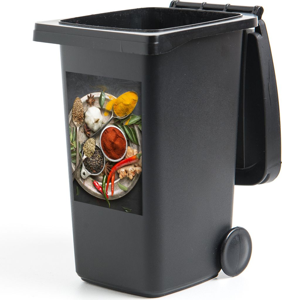 MuchoWow Mülltonnenaufkleber Gewürze - Teller - Pfeffer - Schwarz - Löffel - Silber 40x60 cm - Mültonnen-sticker - Sticker - Aufkleber für d...