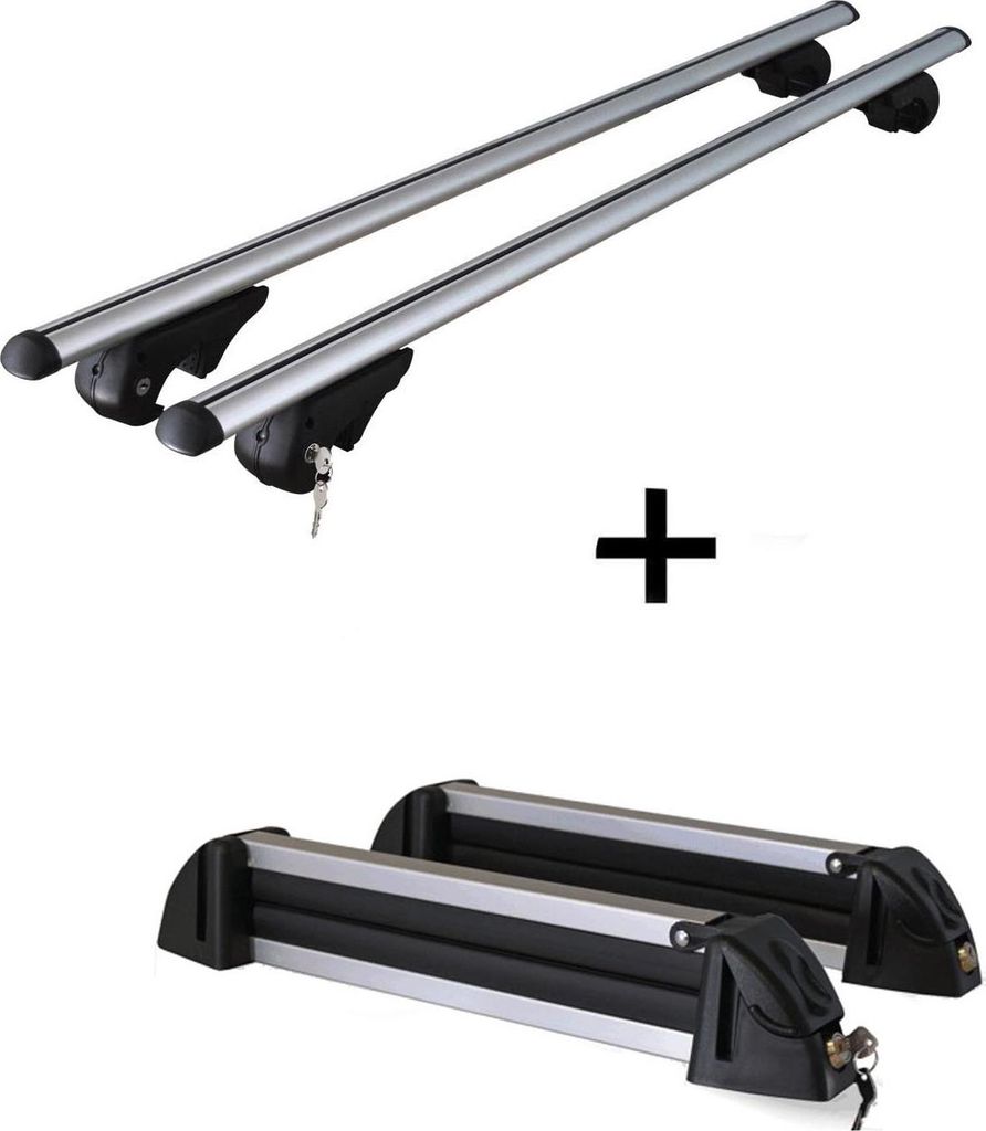Relingträger Rio 135 + Skiträger / Snowboardträger / Skihalter Alu 4 Paar Ski kompatibel mit für Mitsubishi Outlander 2007-2012
