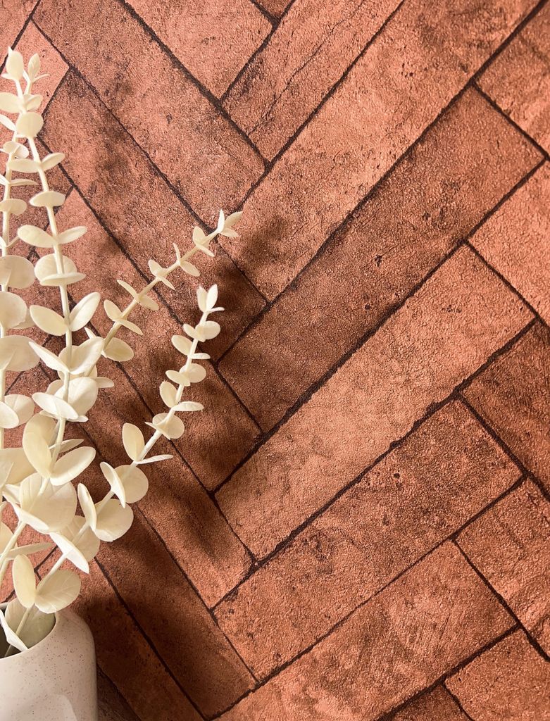 NEWROOM Tapete Rot Vliestapete Ziegelstein - Steintapete Modern Kupfer Terrakotta Klinker Fischgräten Steinoptik 3D Optik Backstein