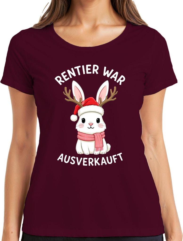 Rentier war t süßer Hase Geweih Weihnachten Geschenk Damen T-Shirt, Burgundy, L