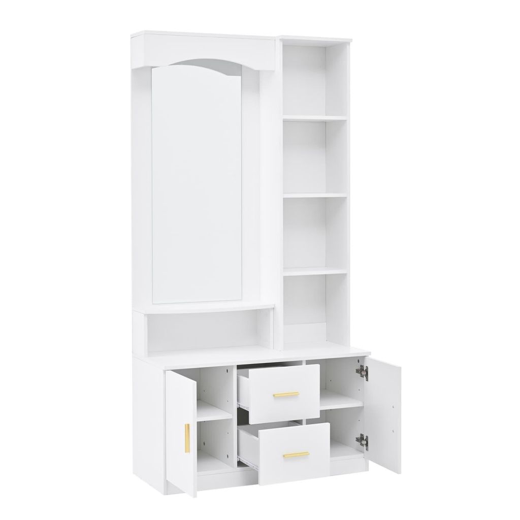 Multifunktionales Diele Flur mit Stauraum,Schränke mit Schuhschrank und Spiegel,Cabinet mit 2 Schublade und 2 Schränke, Kommoden mit Regal,Weiß