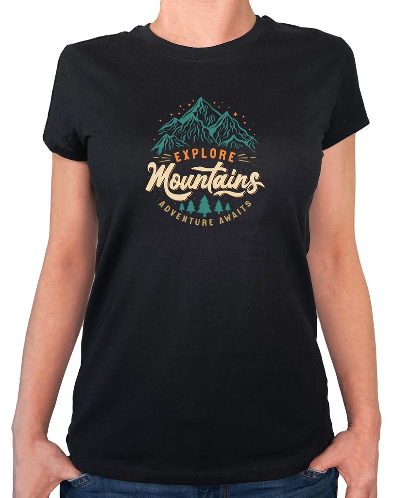 Huuraa Damen T-Shirt Explore Mountains Adventure Awaits XL Black Bio Baumwolle Fairtrade Damenshirt Geschenkidee