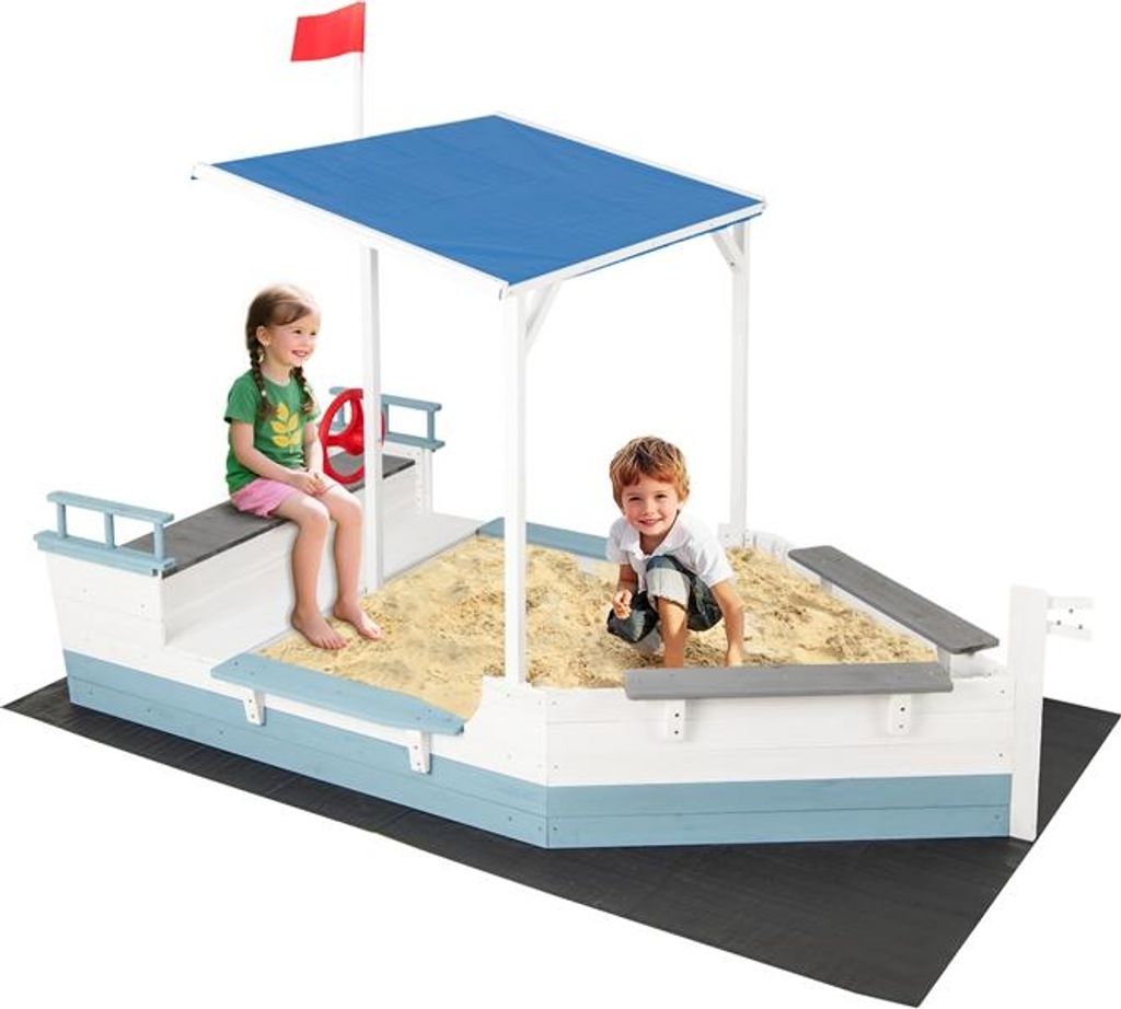 COSTWAY Sandkasten mit Dach, Piratenschiff Sandbox Holz mit Flaggenmast, Steuerrad, 2 Aufbewahrungsfächer & Sitzbank, Sandkiste für Kinder ab 3 J...