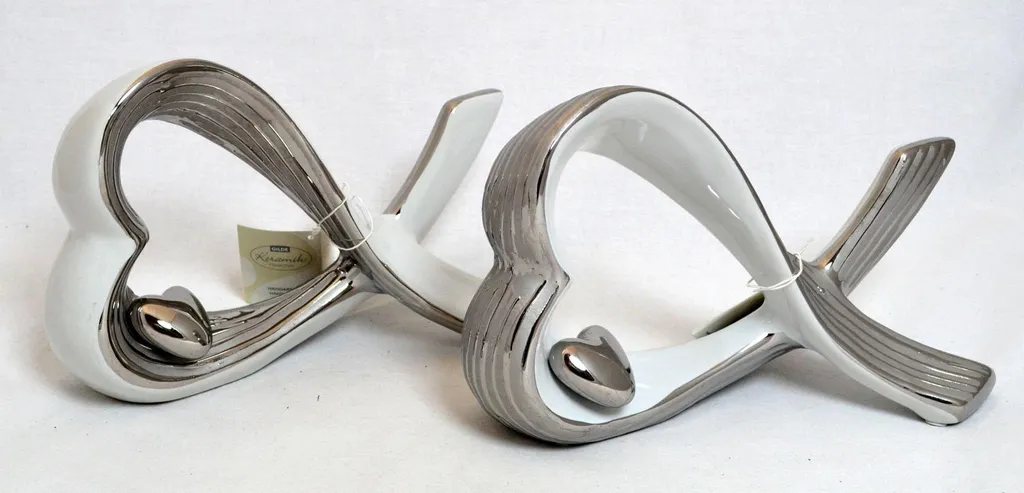 Statue décorative Cœur design en céramique blanc argent 25 cm, 2 pièces - 3