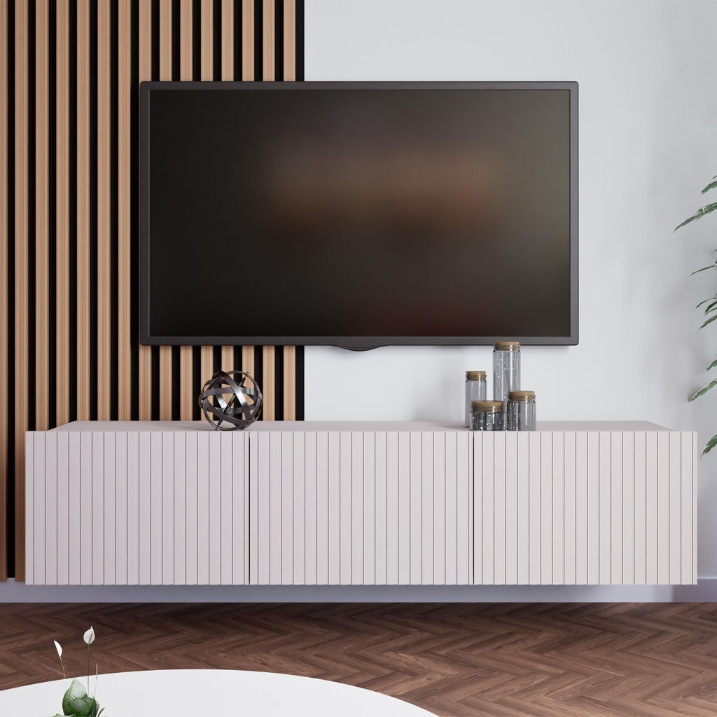 BEAUTYSOFA | TV-Schrank KAVELL 150 cm geriffelte Fronten, hängend/stehend, Fernseherschrank mit 3 Türen, Kaschmir