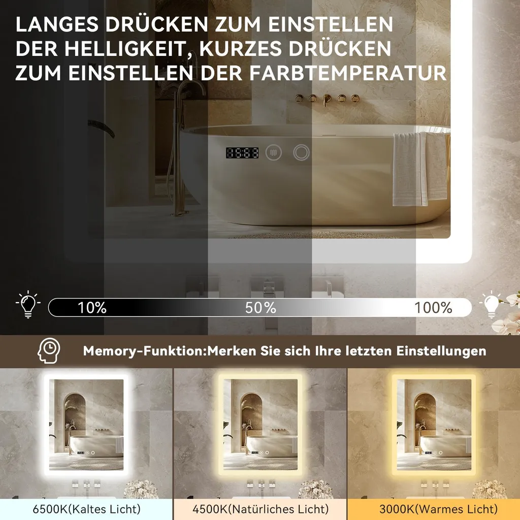 Miroir LED 60x50 cm à intensité variable et désembueur automatique - 2
