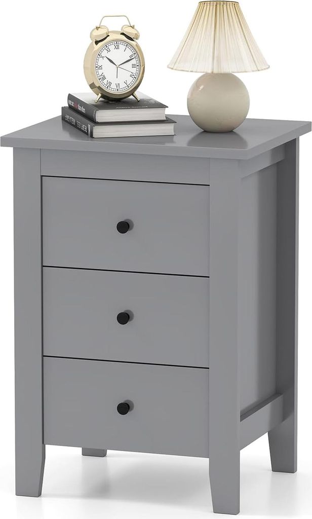 KOMFOTTEU Nachttisch mit 3 Schubladen, Beistelltisch aus Holz, Nachtschrank 46 x 37 x 65 cm, Nachtkommode für Wohnzimmer, Schlafzimmer (1, Grau)