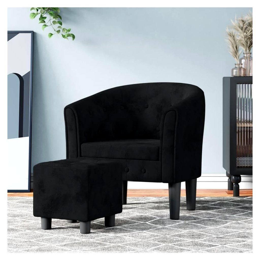 Gaming Stuhl Sessel für Wohnzimmer, Cocktailsessel mit Fußhocker in Schwarz aus Samt, geeignet für Büro, Schlafzimmer, Arbeitszimmer