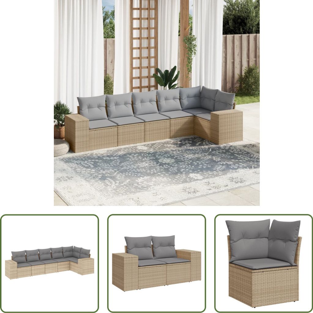 The Living Store 6-tlg. Garten-Sofagarnitur mit Kissen Beige Poly Rattan