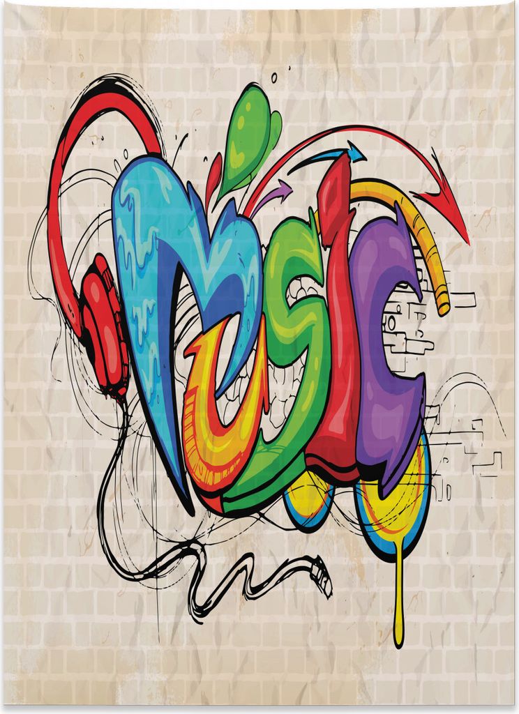 Abakuhaus Retro Wandteppich, Musik Graffiti Hip Hop aus Weiches Mikrofaser Stoff Kein Verblassen Klare Farben Waschbar, 110 x 150 cm, Mehrfarbig
