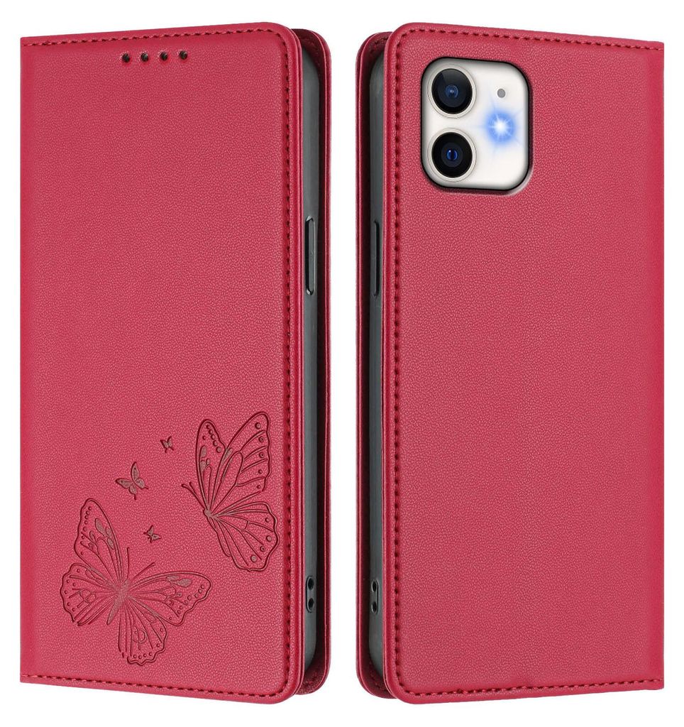 Lederhülle für iPhone 12/iPhone 12 Pro, Schmetterling Prägung Leder Brieftasche Schutzhülle mit Ständer Rot