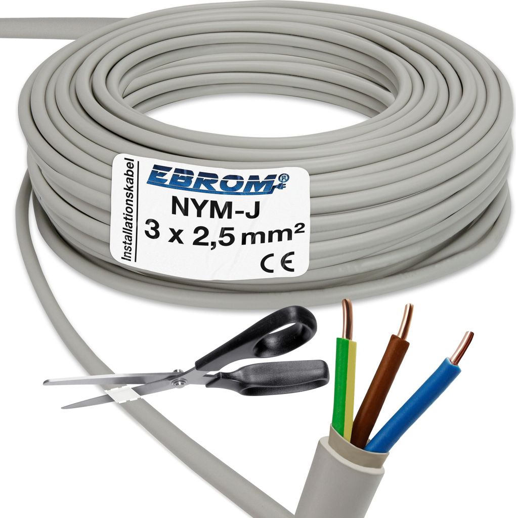 EBROM - 75 Meter NYM-J 3x2,5 mm2 - Installationskabel - Mantelleitung - Installationsleitung - grau