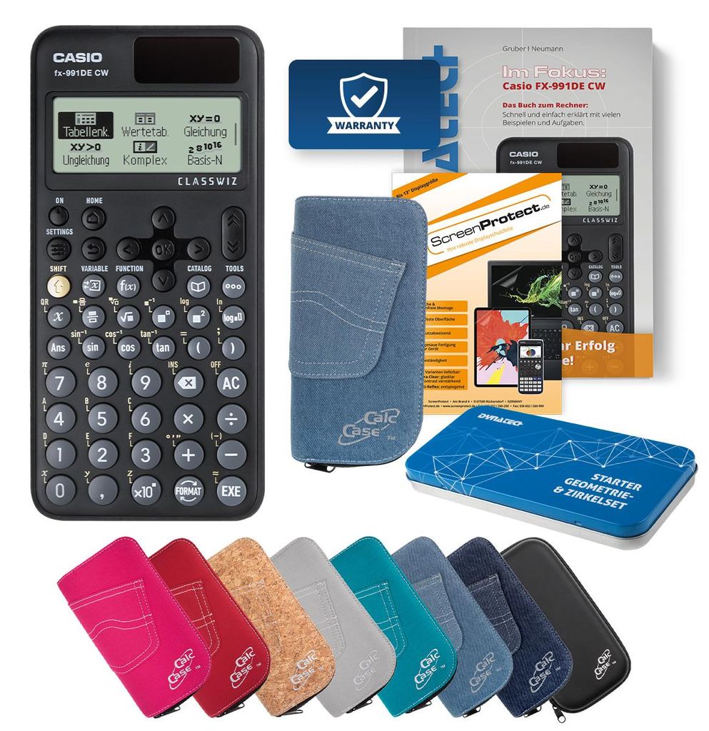 Casio FX-991 DE CW Taschenrechner mit Tasche hellblau, Folie, Fachbuch & Zirkel Set