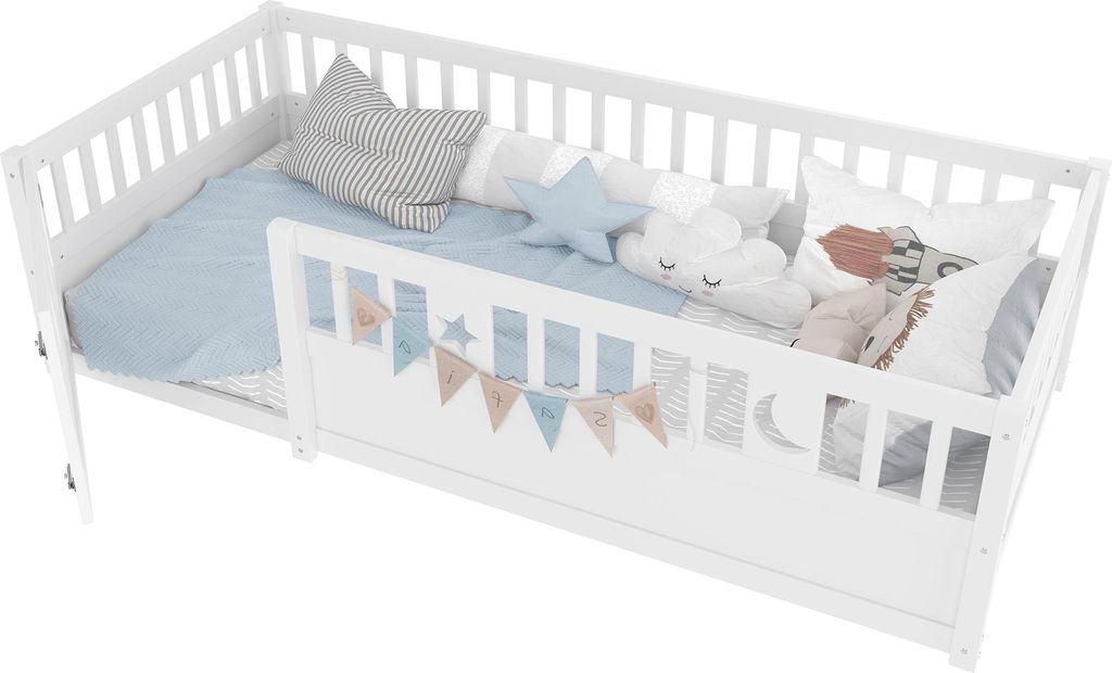 okwish Kinderbett 90x190 Jugendbett Paneelbett ohne Matratze mit Lattenrost,Bettgestell Holzbett mit verriegelbare Sicherheitsgitter und Stern-Mond...