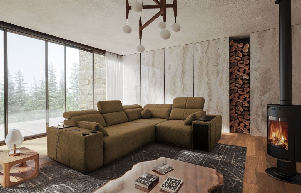 Kaiser Möbel Ecksofa mit Schlaffunktion, USB und verstellbarer Rückenlehne Mindy II, Stoff Verita Braun Rechts