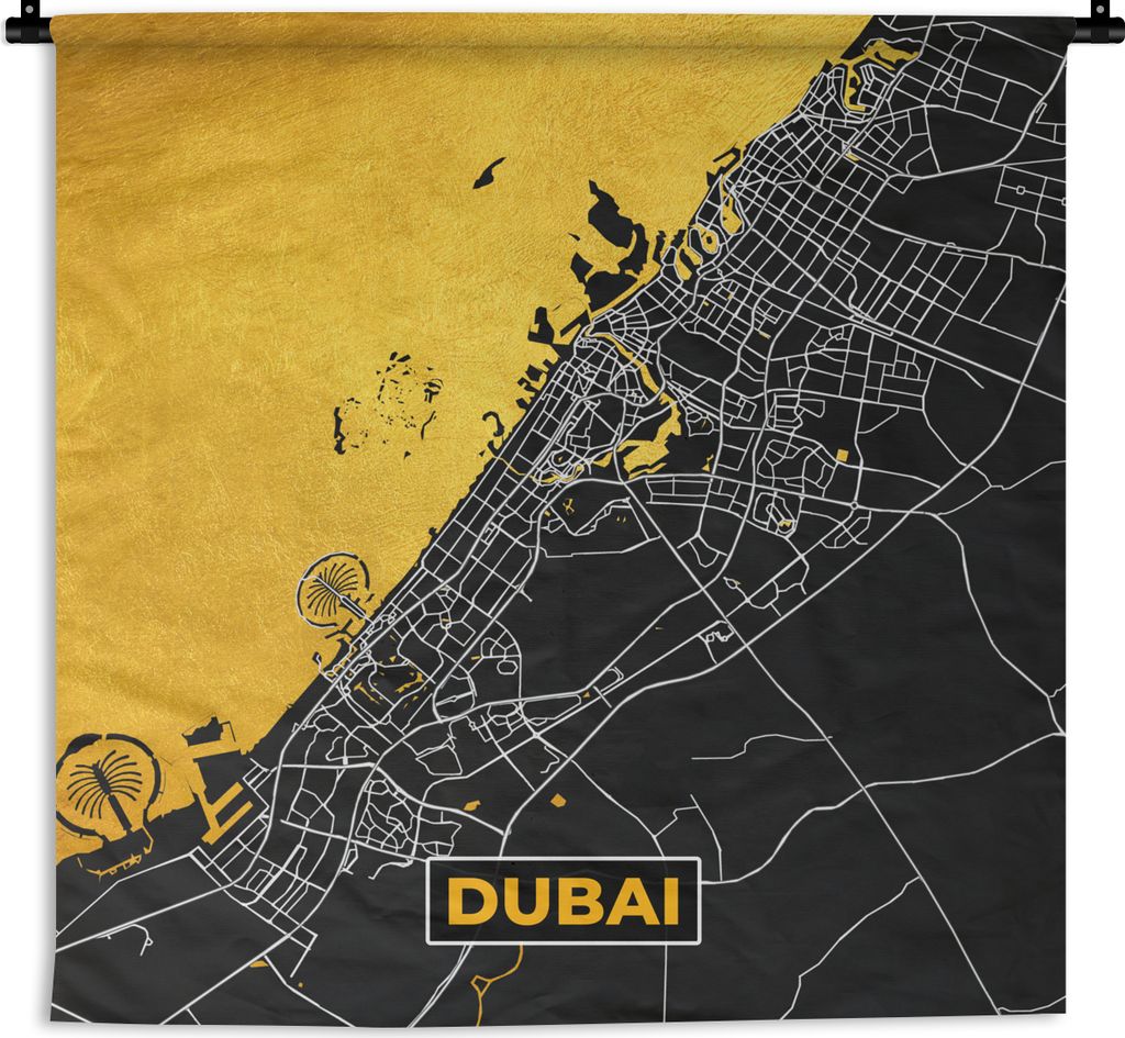 MuchoWow Wandteppich Wandbehang Dubai - Gold - Stadtplan - Karte 90x90 cm Tapisserie Dekoration Wandtuch - Wandaufhänger