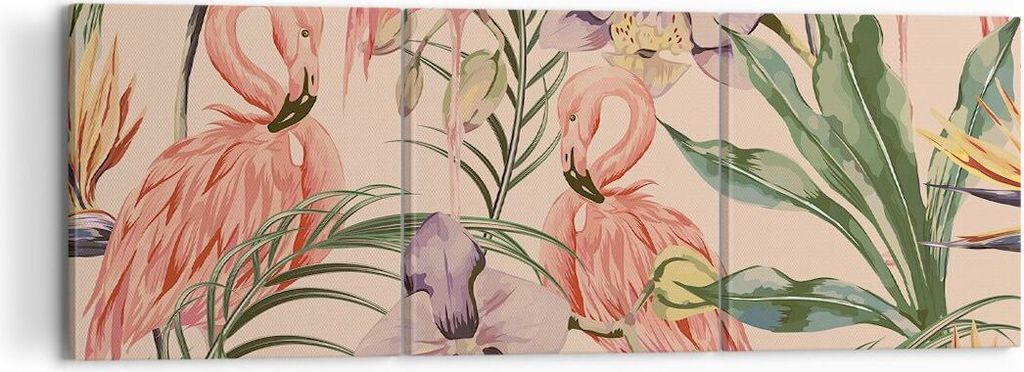 Bild auf Leinwand - Leinwandbild - Flamingos Pflanzen Vogel exotisch - 120x40cm - Wand Bild - Wanddeko - Leinwanddruck - Bilder - Kunstdruck - Lein...