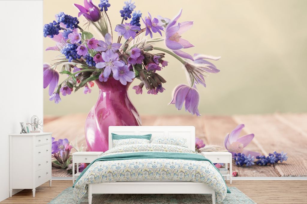 MuchoWow Fototapete für Wohnzimmer oder Schlafzimmer Wandtapete Vinyl Motivtapete Frühling - Flieder - Stilleben - 450x300 cm - Gemusterte