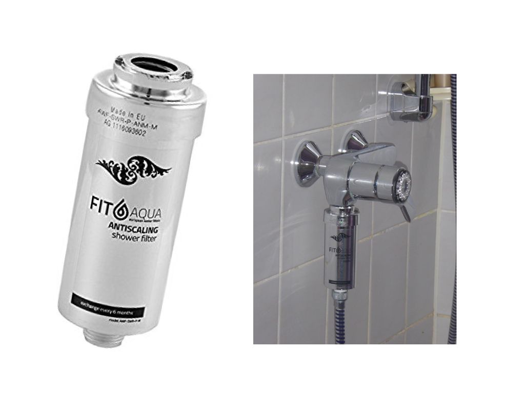 A collage showing a shower filter on the left and the filter installed on a shower fixture on the right.