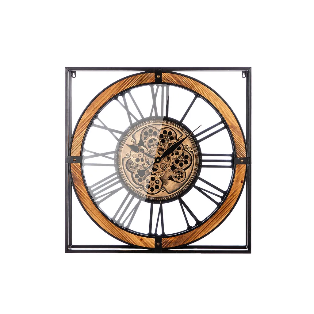 Horloge Murale Design Revolus Métal Noir - Motif Engrenages Carré 72 cm