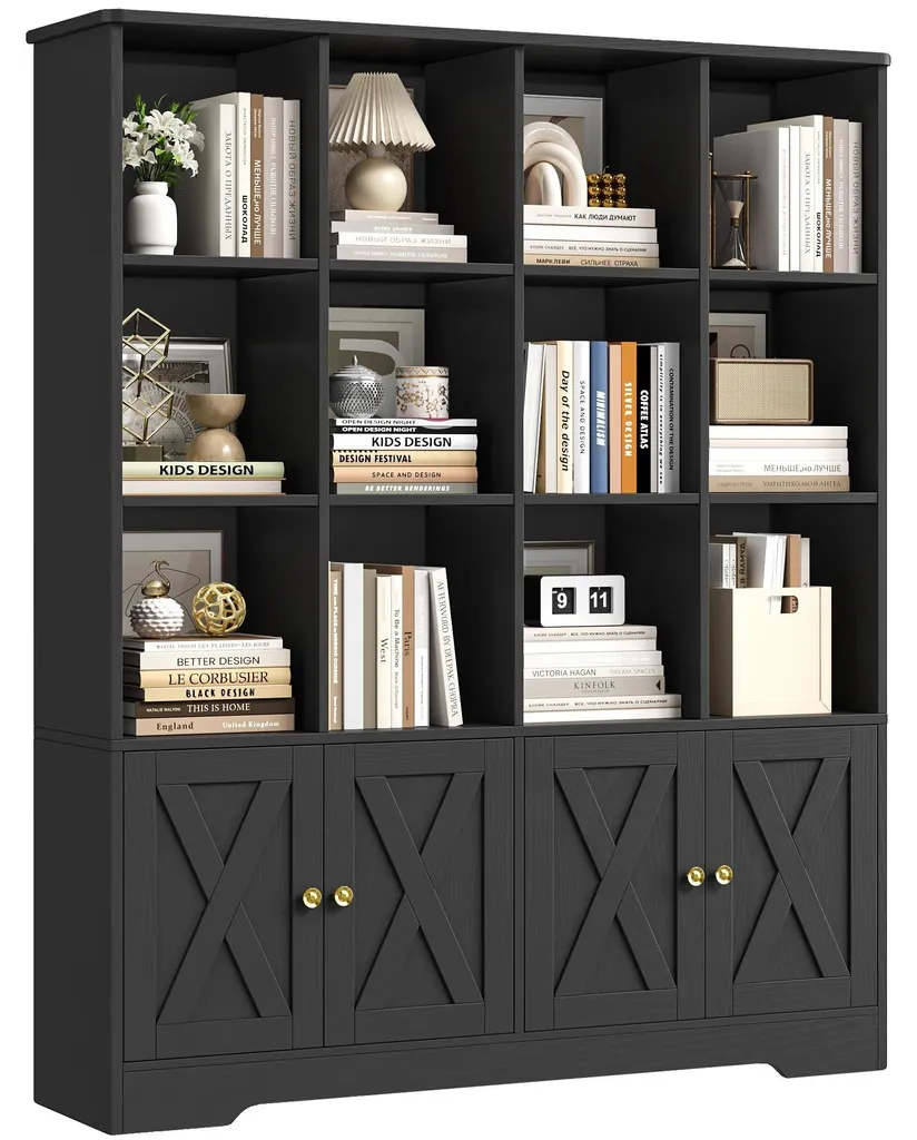 Grande Bibliothèque Noire Minimaliste avec Étagères de Large Capacité