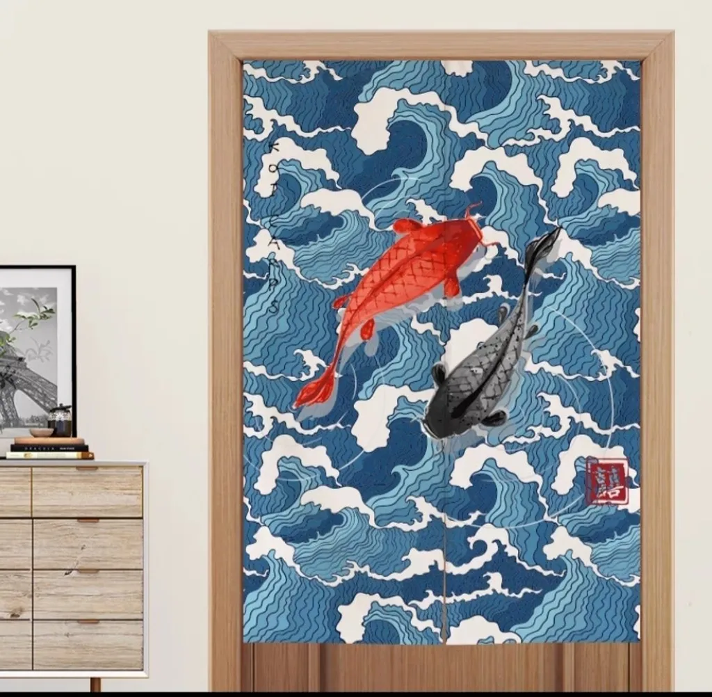 Noren Japonais Poissons Koi et Vagues Rideau de Porte en Tissu 80x130cm