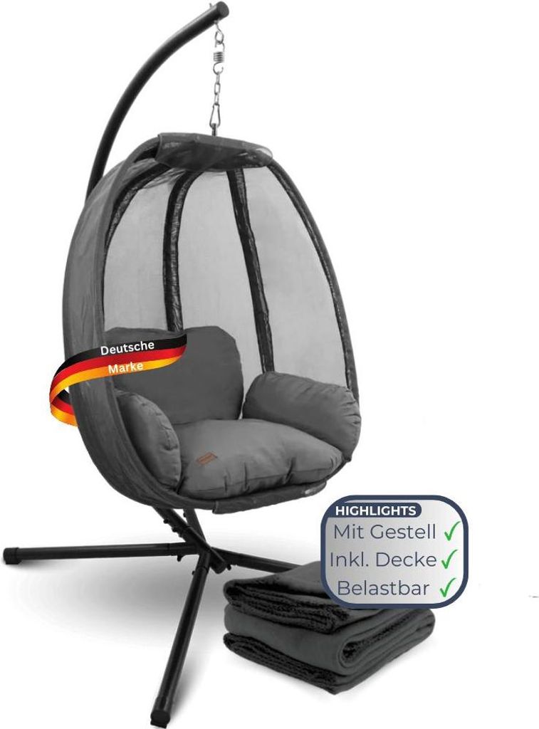 Hängesessel mit Gestell MELA - Indoor/Outdoor, Mit Kuscheldecke | Korbhängesessel mit Kissen Schwebeliege Relax-Stuhl Egg Schaukel, Anthrazit