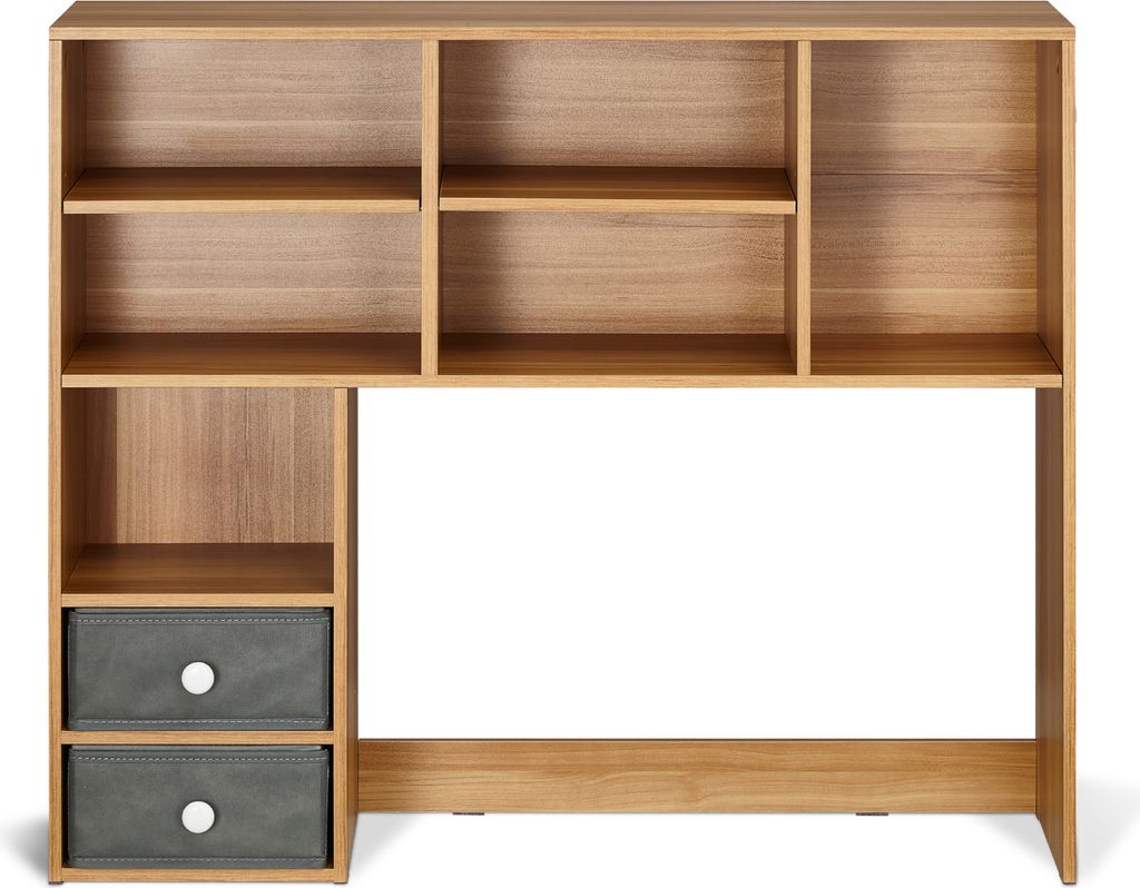 A wooden bookshelf with drawers, shown against a white background.
