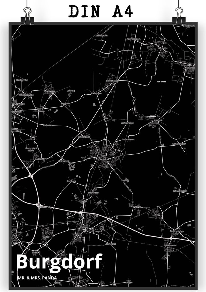 Mr. & Mrs. Panda Bild Burgdorf DIN A4 - Geschenk, Wandschmuck, drucke, Stadt Dorf Karte Landkarte Map Stadtplan, Wandbild, Kunstdruck, wanddeko