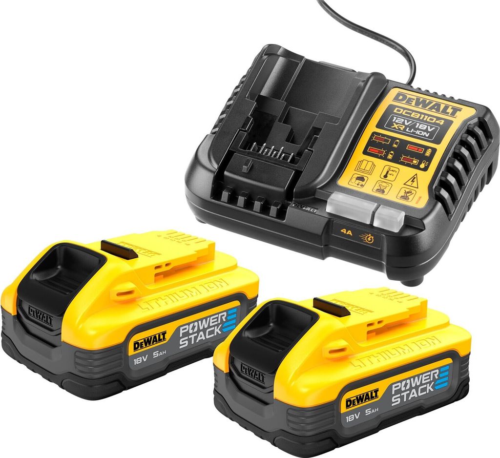 DeWALT Akku-Starter-Set DCB1104H2-QW 18V 5Ah Powerstack Akku mit Pouch-Zellen-Technologie, Werkzeugakkus