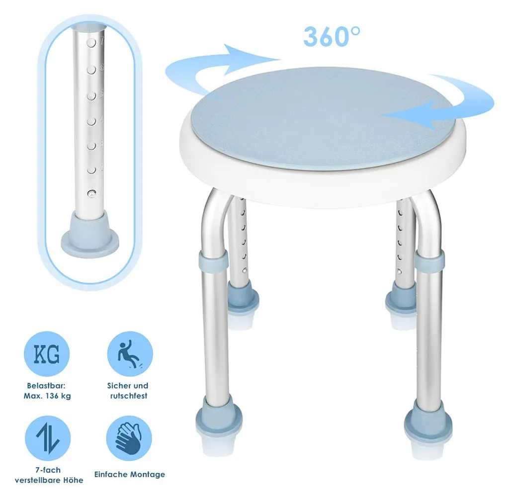 Aide à la Douche pour Senior et PMR Tabouret Stable Réglable en Blanc