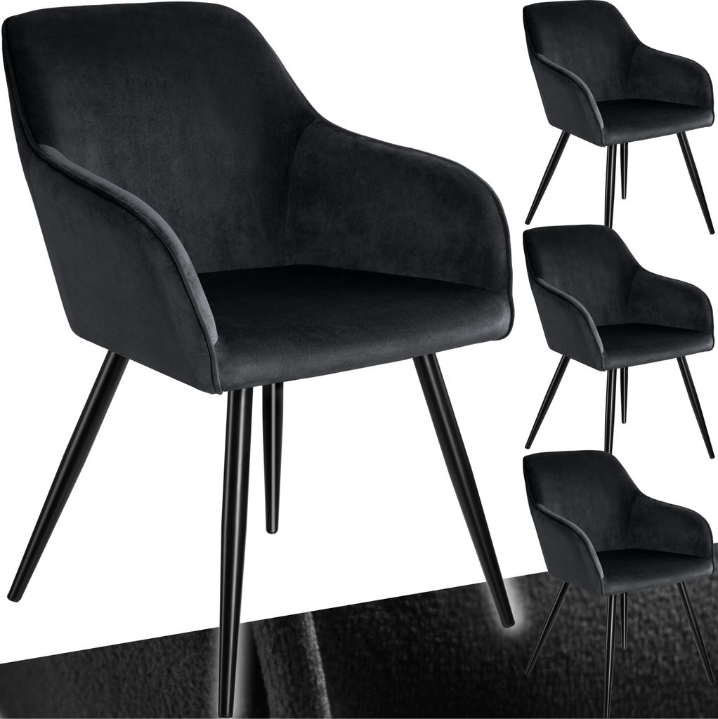A collage of black velvet-look chairs with black metal legs, shown from different angles.