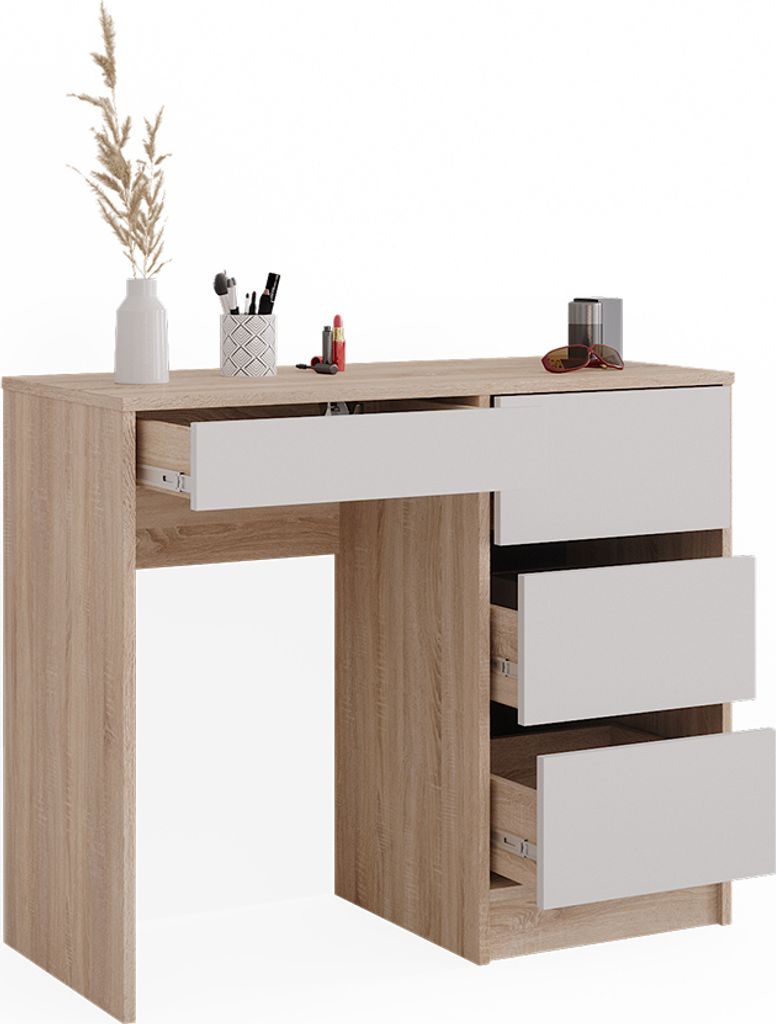 A modern vanity table with drawers and decorative items on top.