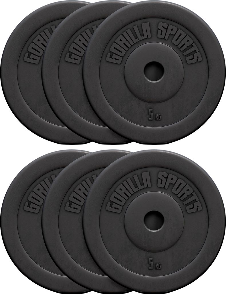 GORILLA SPORTS Hantelscheiben - 30kg Set, 6x5 kg Gewichte, 30mm Bohrung, aus Kunststoff - Gewichtsscheiben, Hantelscheiben-Set, Hanteln