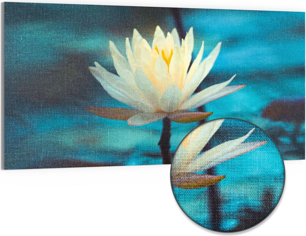 DEQORI Hybrid Leinwand Bild 100x50 cm 'Seerosen Serenität' Wandbild Glas flach modern