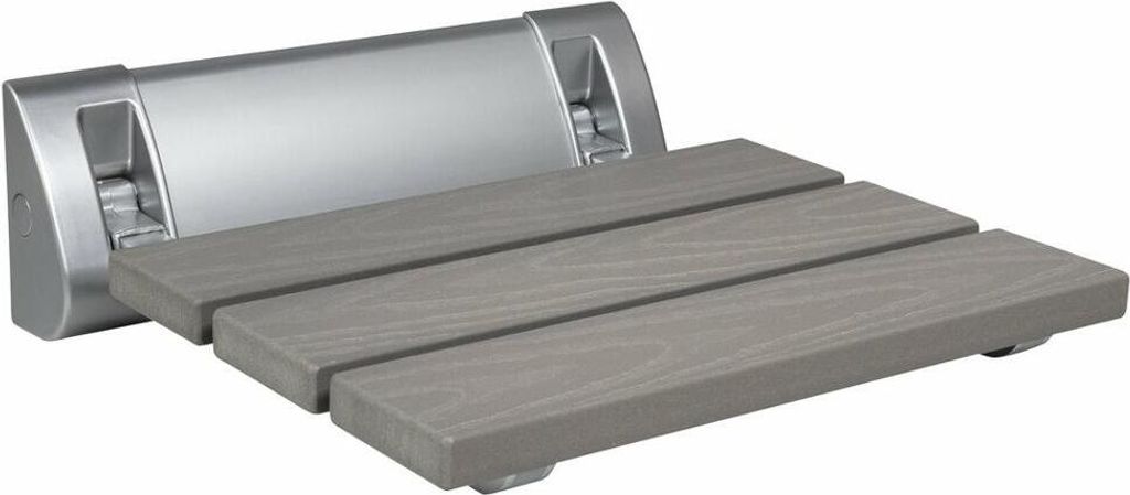 A wall-mounted shower seat made of wood-plastic composite and metal.