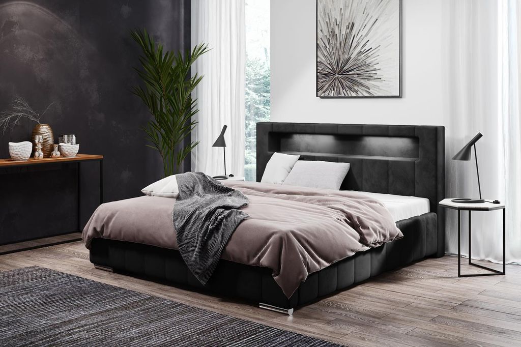 Polsterbett Sechs mit Bettkasten, Bett mit Metallrahmen, LED-Beleuchtung, Chrombeine (Stoff: kronos 07 - schwarz, Große: 160x200 cm)