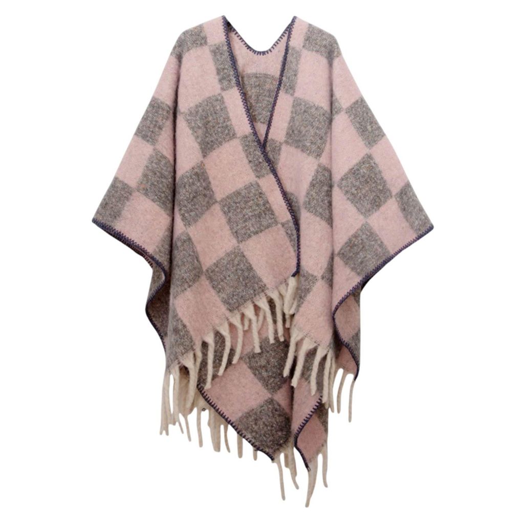 Winter Schal Damen, Warm Übergroße Schal mit Quasten, Karierte Schals, Elegant Poncho, 165x125cm, Rosa