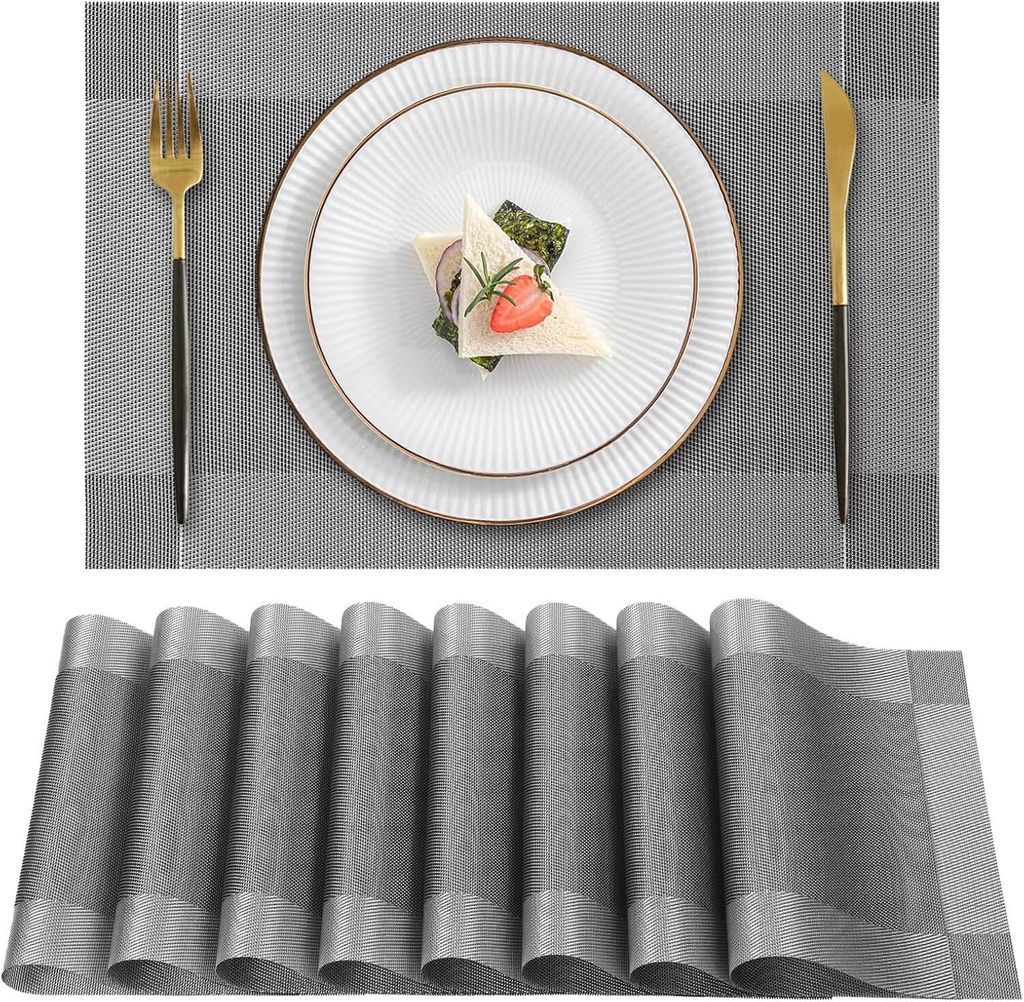 Set of 8 Placemats, Washable, Non-Slip PVC Placemats, Woven Place Mats, Tear-Resistant, Heat Resistant Table Mat, Place Mats for Kitchen, Restauran...