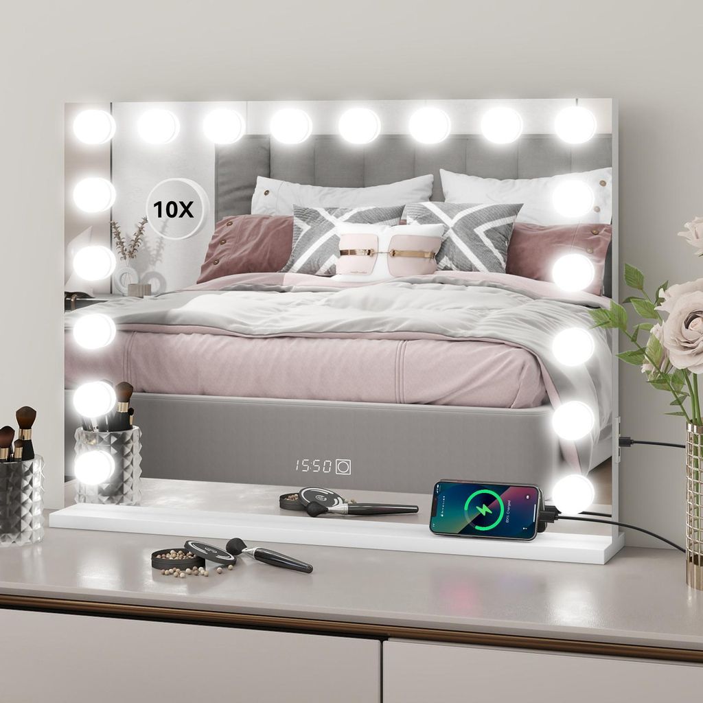 Puluomis Kosmetikspiegel 80x60 cm, Hollywood Spiegel mit Uhr, Temp., USB, Type C, Schminkspiegel dimmbar mit 3 Farben LED Beleuchtung, Wandspiegel