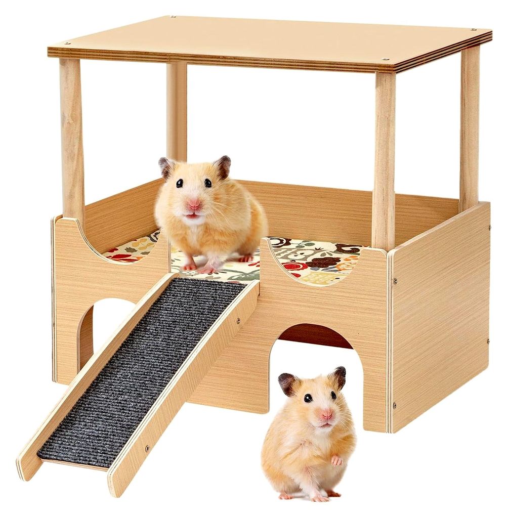 2-Etagen Meerschweinchenhaus mit Dach, Treppe und Matten, Holz Versteck für kleine Haustiere