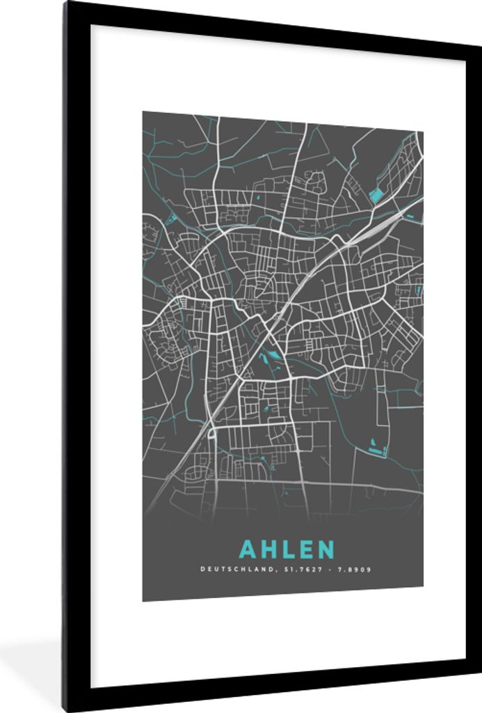 MuchoWow Gerahmtes Poster Blau - Deutschland - Karte - Stadtplan - Ahlen 60x90 cm - Poster mit Schwarzem Bilderrahmen Wandposter Rahmen Foto Bild...