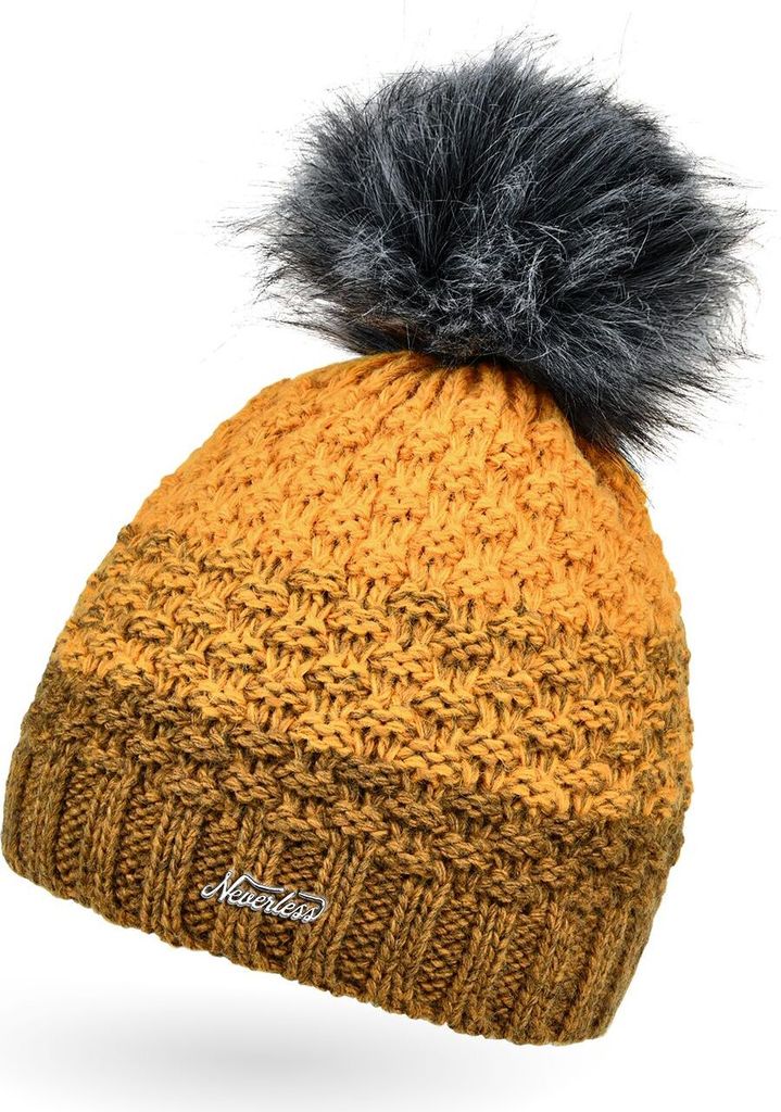 Damen Strick-Mütze gefüttert Fleece-Innenfutter Fell-Bommel Kunstfell Winter-Mütze Bommelmütze Grobstrick mehrfarbig Neverless dunkelgelb-gelb