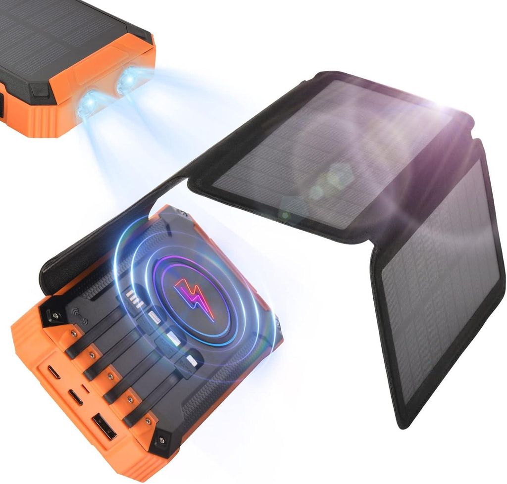 Solar Powerbank 32000mAh, Solar Ladegerät mit 2 USB-A Ausgang & 3 Kabelausgänge, kabelloses 10W-Solarladegerät Power Bank Solar für Camping