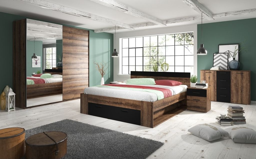 Schlafzimmer Komplettes Möbelset BIRMINGHAM-83 Liegefläche 180x200 cm in Monastery Eiche Nb. mit schwarz