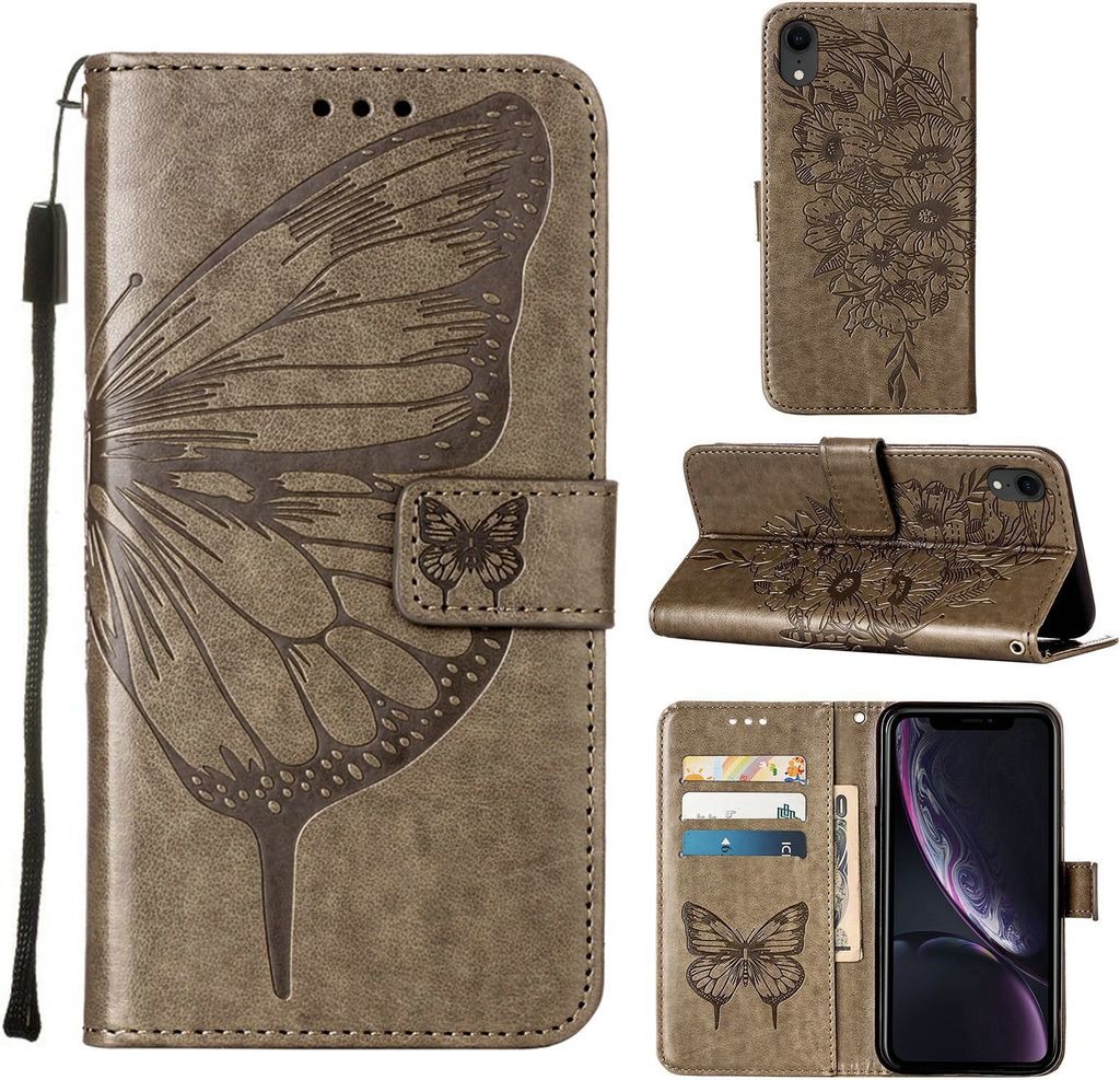 iPhone XR Hülle, Schmetterling Prägung Flip Leder Kartenfächer Schutzhülle Ledertasche mit Ständer für iPhone XR Grau