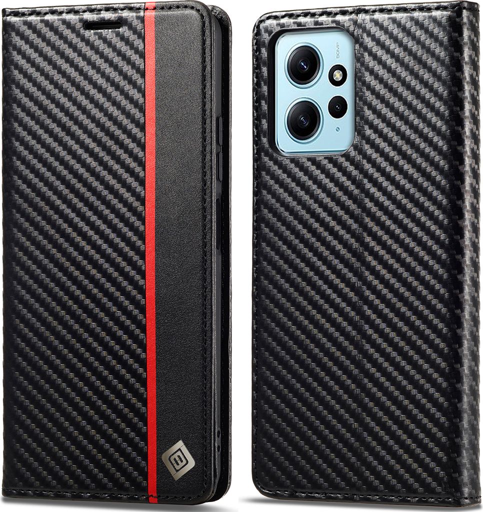 Hülle für Xiaomi Redmi Note 12 4G Kohlefaser Leder Brieftasche Schutzhülle mit Standfunktion Schwarz Vertikale Rot