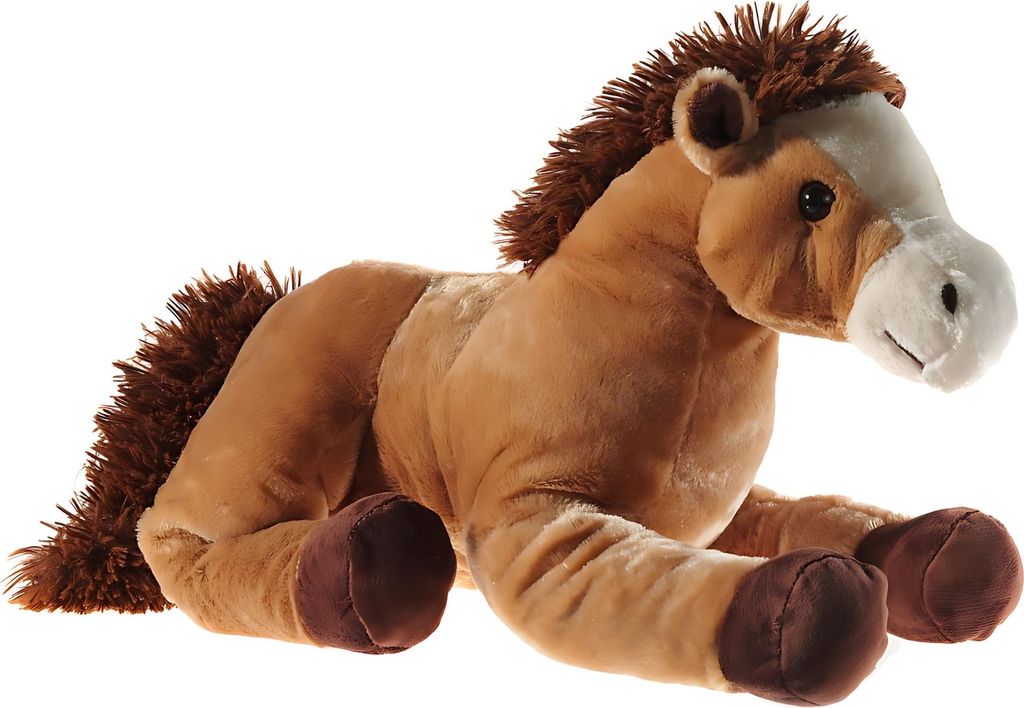 A plush toy horse lying down against a white background.